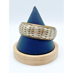 Vintage Copper Brass Steel Basket Weave Wide Bangle Bracelet India Boho Tribal